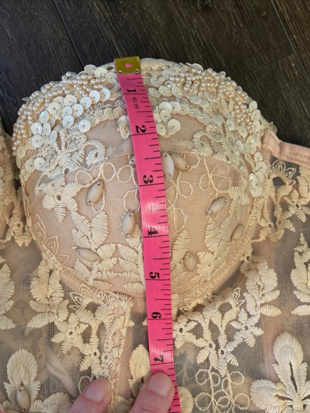 Lydia Champagne Beaded Lace Corset Bustier Sheer Mesh Sequin Strapless Small - Picture 9 of 13